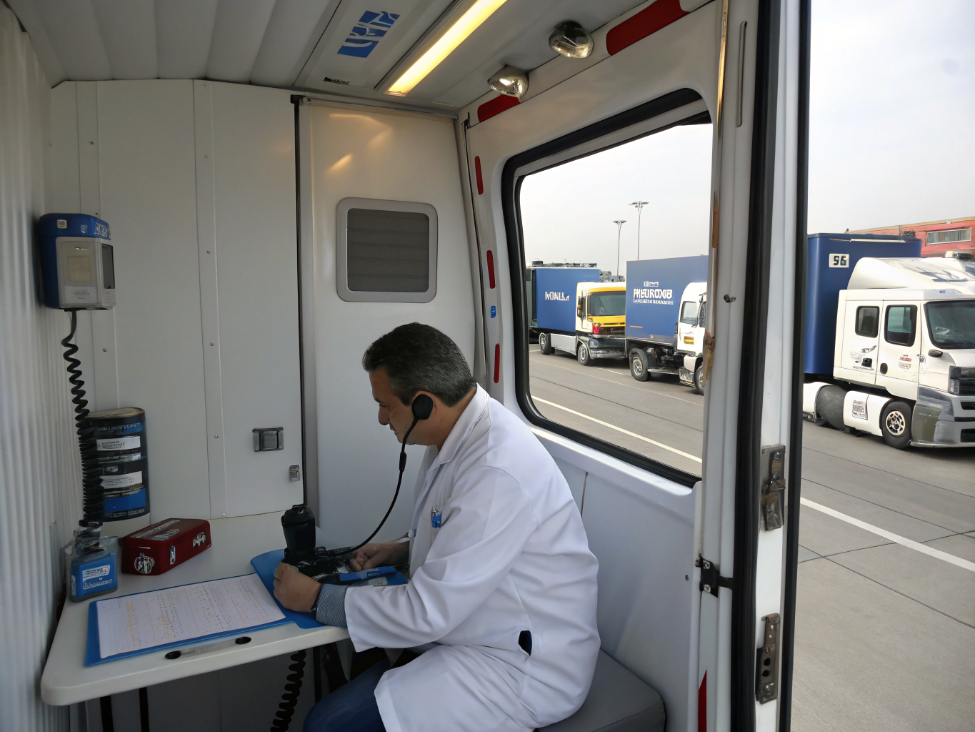 DOTClinic medical examiner performing on-site physical at a truck terminal
